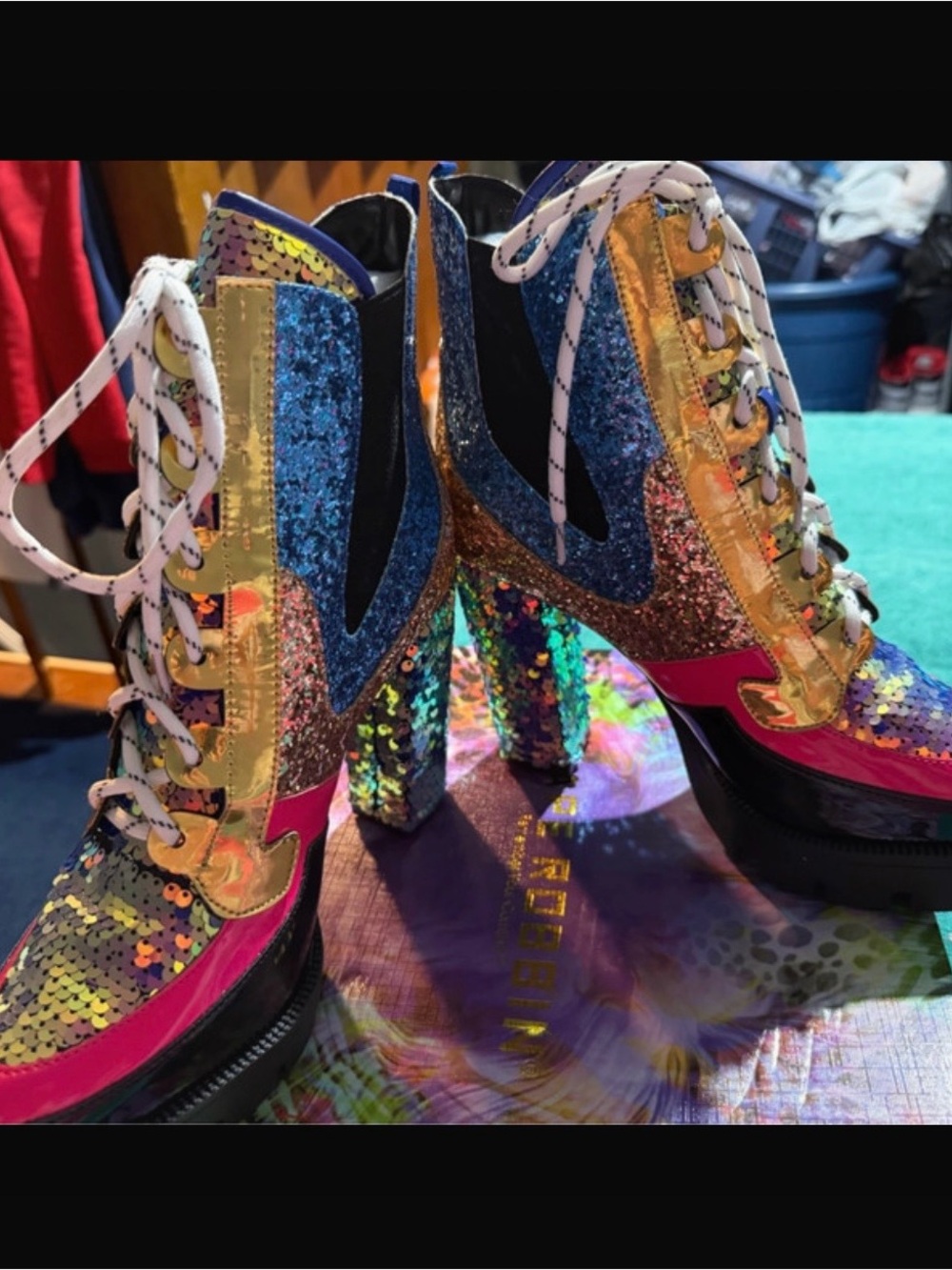 Cape Robbin Multicolor Sequin Lace-Up Platform Boots - Gold, Blue, Pink